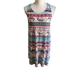 Bobbie Brooks  Egyptian elephant print blue & pink knit swing dress size M